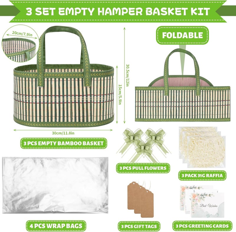 SelfTek 3 Pack Baskets for Gifts Empty, Woven Bamboo G-ift Basket Kit with Wrap Bags, Gift Card, Raffia and Pull Bows, Gifts Baskets for Birthday, Wedding, 30 x 20 x 15 cm - Green - Image 2